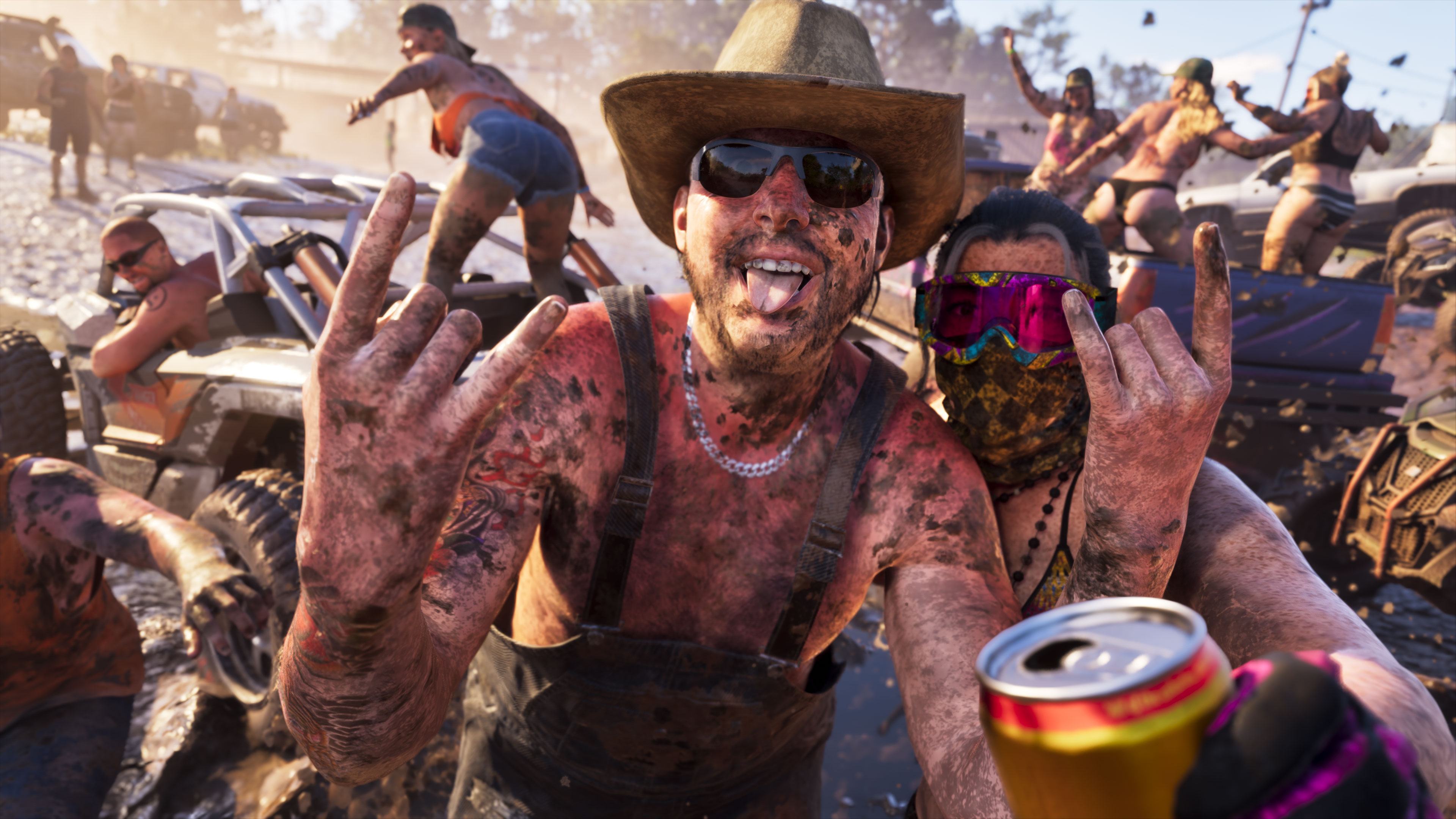 Mud-covered friends celebrating at an off-road party