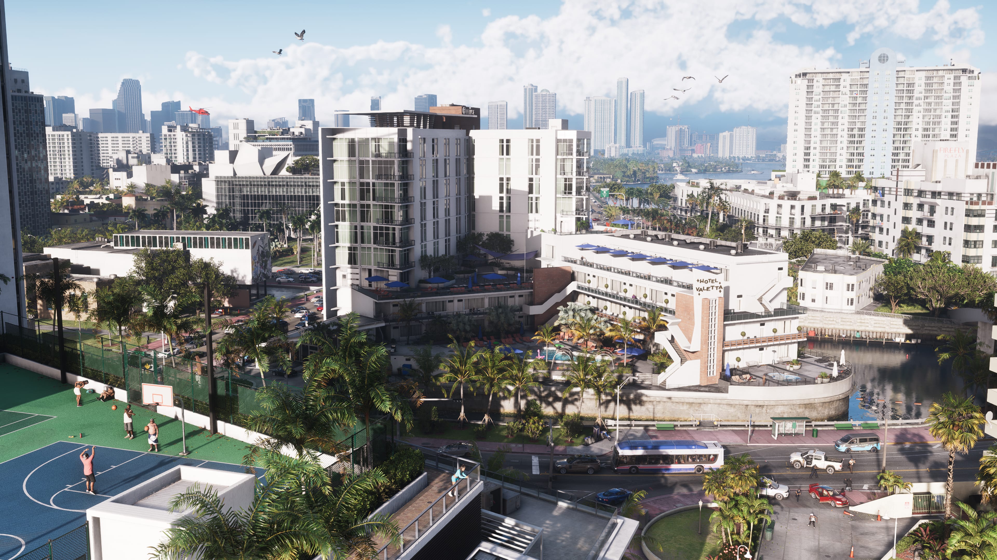 The city's beachfront hotels and palm-lined streets on a clear day